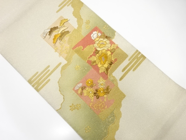 アンティーク　綴れ　道長取りに笠松・牡丹模様刺繍袋帯（材料）